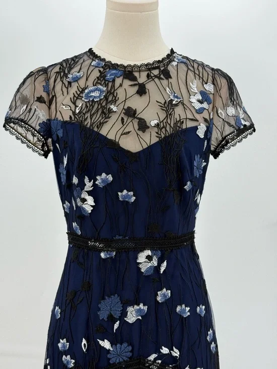 Monique Lhuillier Navy Blue Floral Embroidered Lace Midi Evening Cocktail Dress - Picture 6 of 16